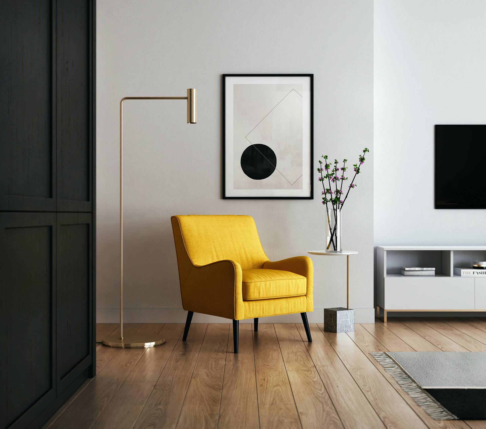 gelber Sessel auf Holzboden 
